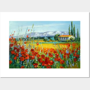 Poppy field near the mountains Posters and Art